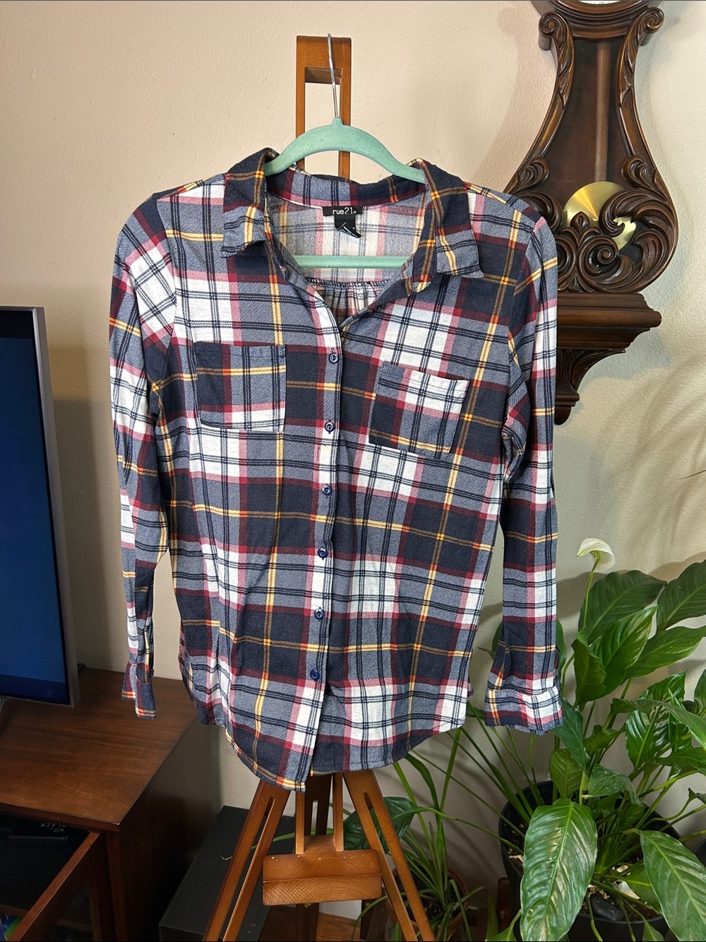 Rue21 Navy White Red Plaid Button-Down Shirt